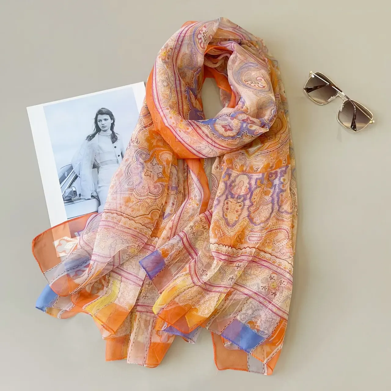 Yarn Cashew Printed Beach Travel Sun Protection Scarf - New Paisley Orange - View 1