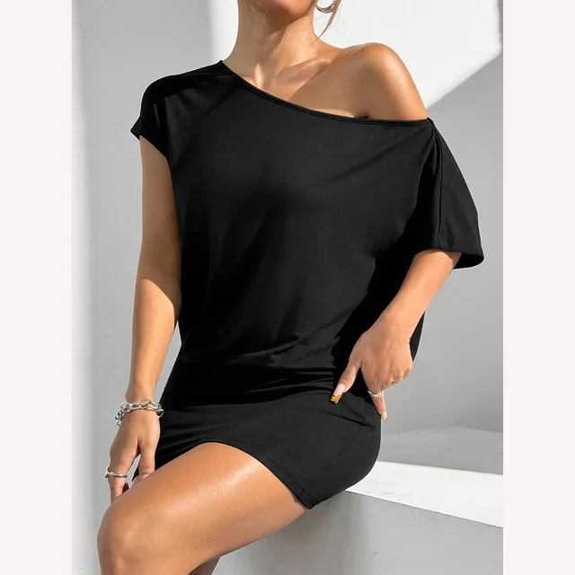 Asymmetric Collar Short sleeved Casual T shirt Dress Black - Shop at LoveMi