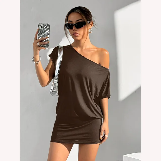 Asymmetric Collar Short sleeved Casual T shirt Dress Brown - Shop at LoveMi