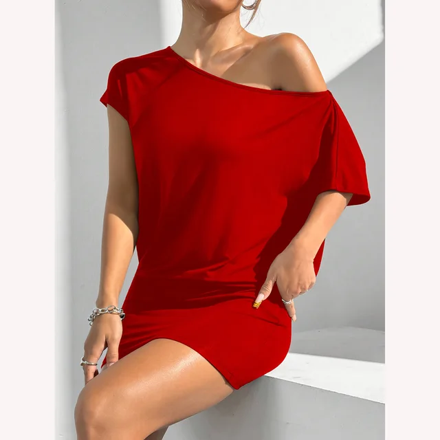 Asymmetric Collar Short sleeved Casual T shirt Dress Red - Shop at LoveMi