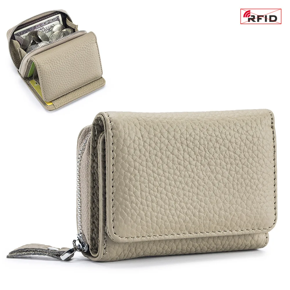 Women's Leather Tri-fold Mini RFID Wallet Large Capacity Storage Bag - Grey - View 1