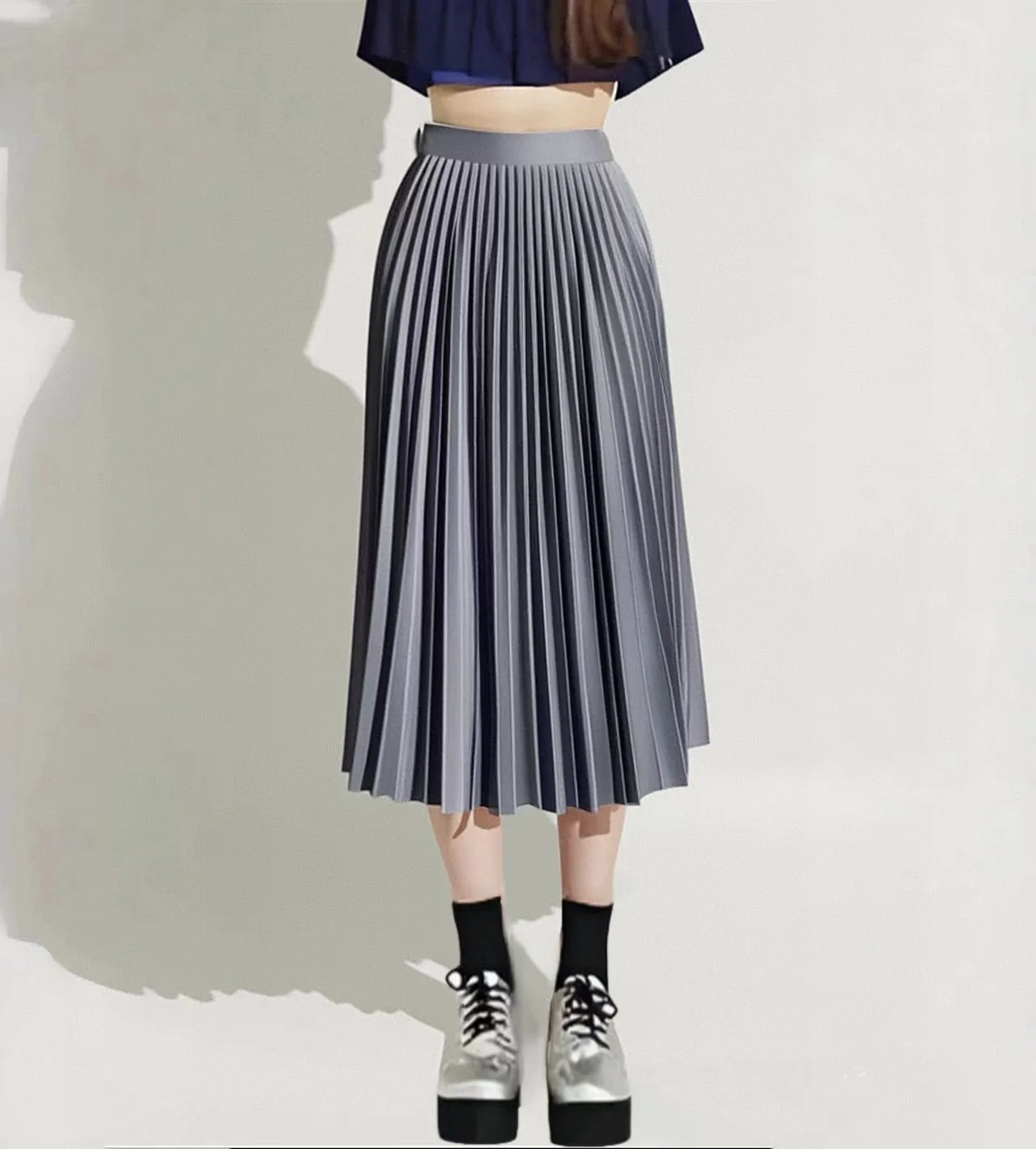 Summer Mid-length Elastic High Waist Slim-fit Pleated Skirt - Silver