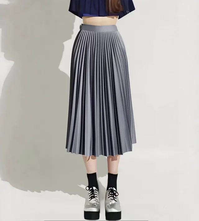 Summer Mid length Elastic High Waist Slim fit Pleated Skirt Silver - Shop at LoveMi