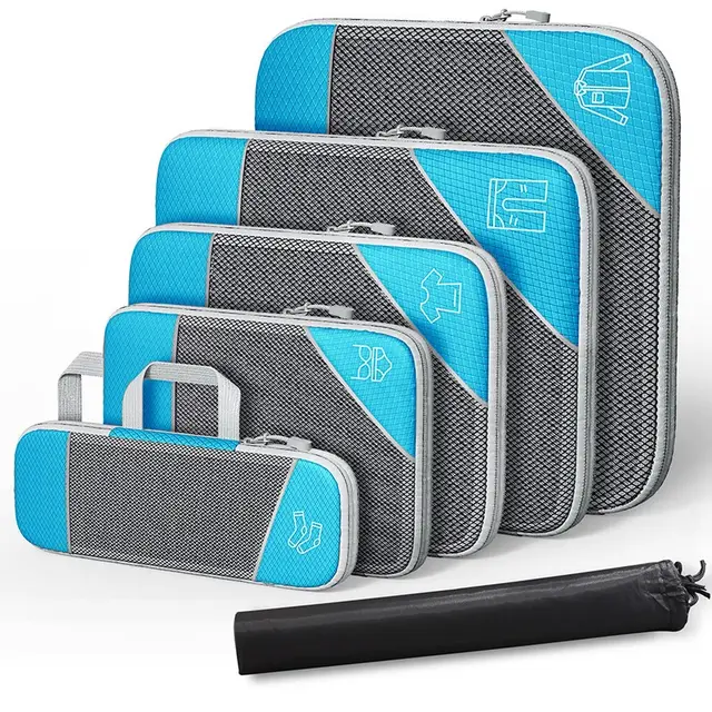 Travel Storage Bag Suit Luggage Organizing Portable With Net Compression Portable Sky Blue Six Piece Set - Shop at LoveMi