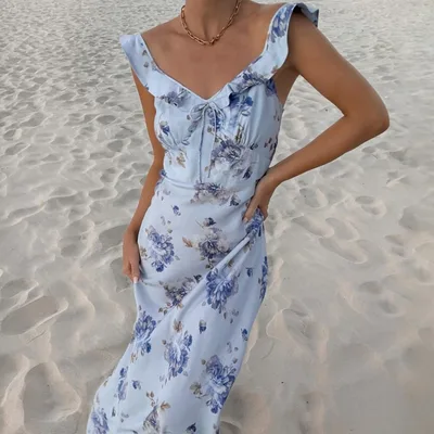 Women's Vacation Style Vintage Printed Slim fit Sling Dress Blue - Shop at LoveMi