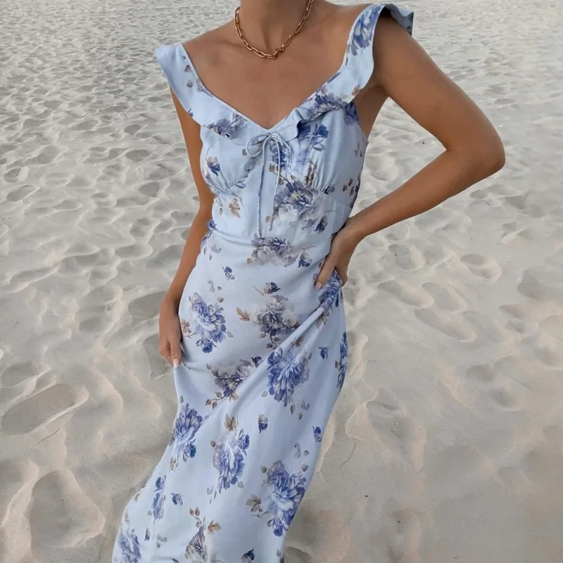 Women's Vacation Style Vintage Printed Slim-fit Sling Dress - Blue