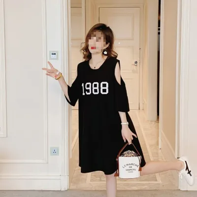 Plump Girls Mid length Loose 2Shoulder Hollow Short Sleeve Dress Black - Shop at LoveMi