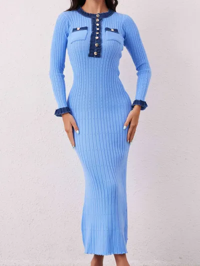Elegant Knitted Waist controlled Slim Fit Slimming All matching Dress Sky Blue - Shop at LoveMi