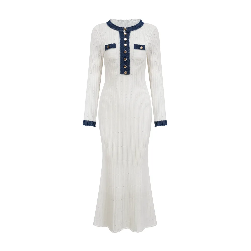 Elegant Knitted Waist-controlled Slim Fit Slimming All-matching Dress - White - View 1