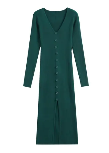 Slim Fit Slit Slimming Elegant Single breasted Knitted Sheath Dress Dark Green - Shop at LoveMi