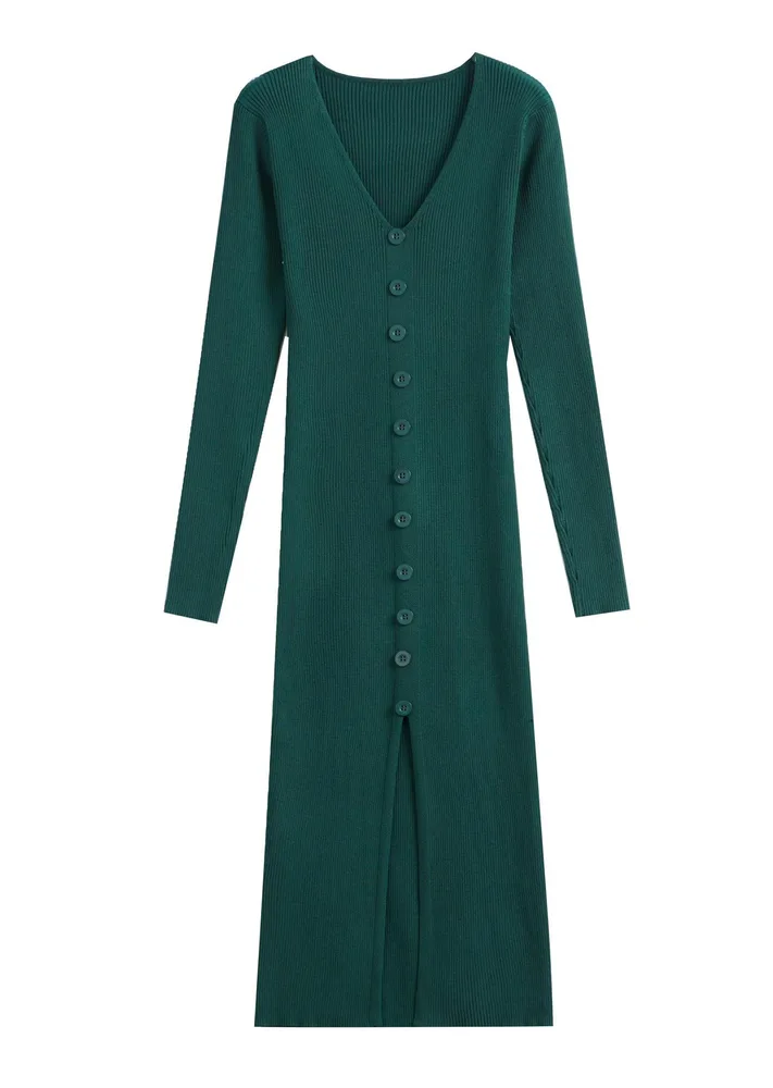 Slim Fit Slit Slimming Elegant Single-breasted Knitted Sheath Dress - Dark Green