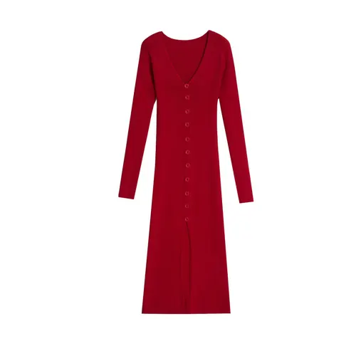 Slim Fit Slit Slimming Elegant Single breasted Knitted Sheath Dress Wine Red - Shop at LoveMi