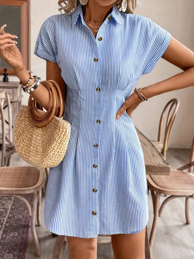 Blue Stripes Cardigan Short Sleeve Dress Sky Blue - Shop at LoveMi