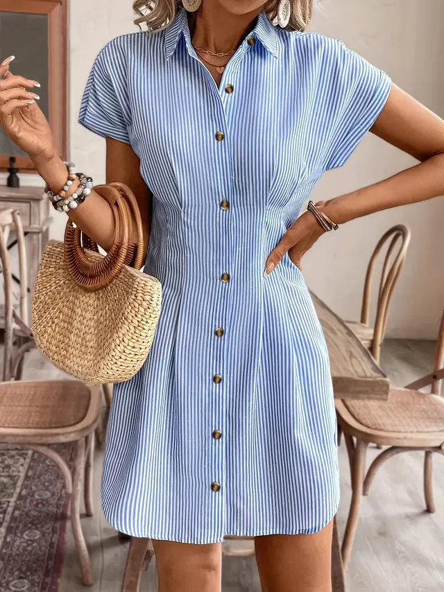 Blue Stripes Cardigan Short Sleeve Dress Sky Blue - Shop at LoveMi