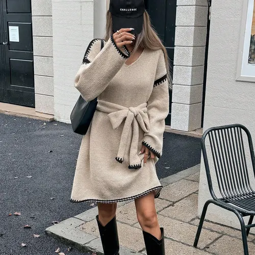 Tie Waist Trimming Loose Knitted V neck Dress Apricot - Shop at LoveMi