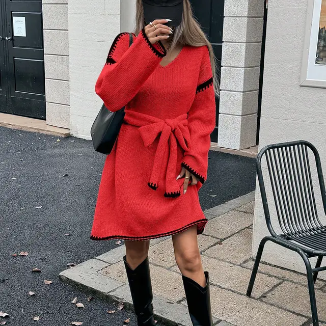 Tie Waist Trimming Loose Knitted V neck Dress Red - Shop at LoveMi