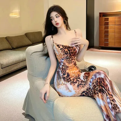 Women's Sleeveless Leopard Print Slim Fit Hip Spaghetti Straps Dress Picture Color - Shop at LoveMi