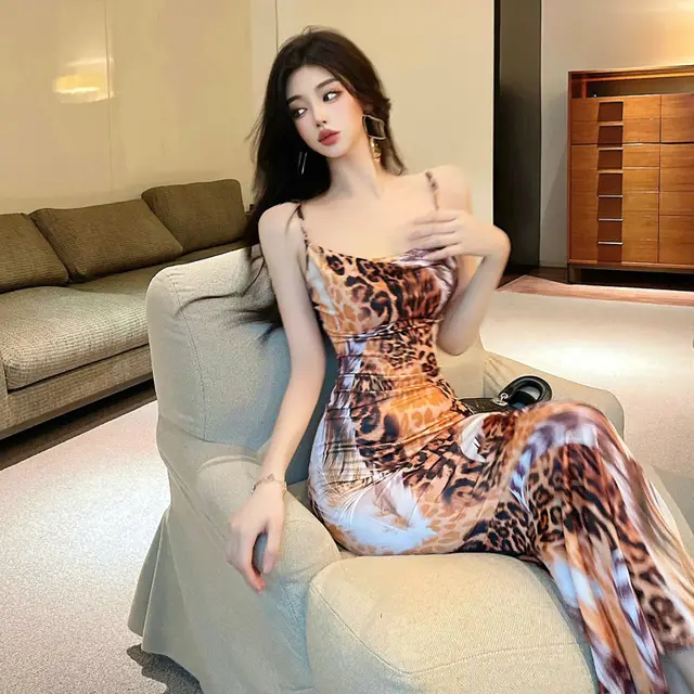 Women's Sleeveless Leopard Print Slim Fit Hip Spaghetti Straps Dress - View 1