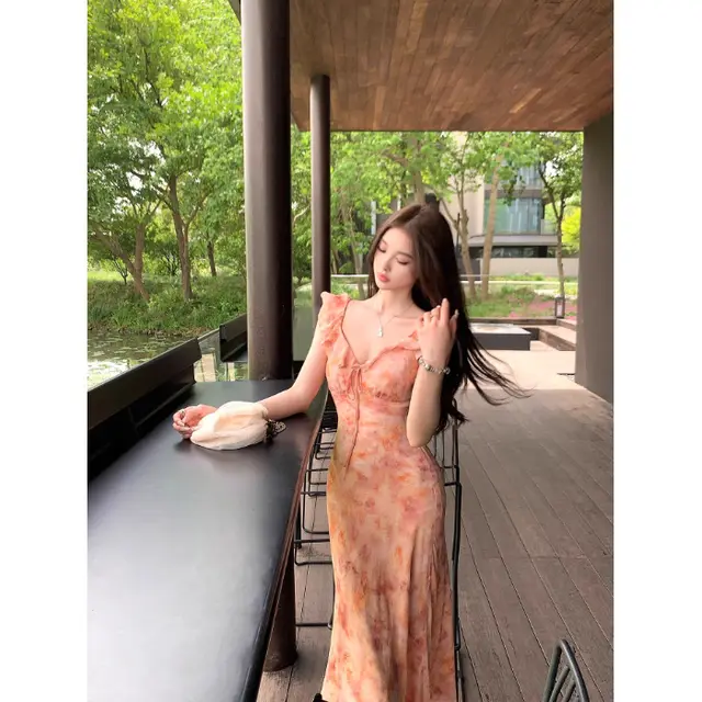 High Waist Tea Break French Ruffled Floral V neck Sleeveless Dress Orange - Shop at LoveMi