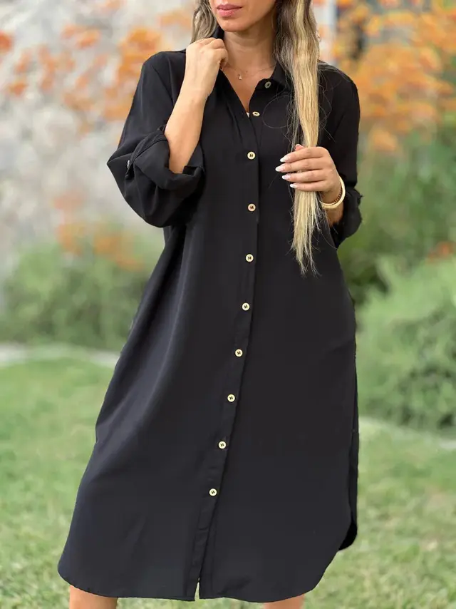 Women's Solid Color Loose Casual Long Sleeves Button Shirt Dress Black - Shop at LoveMi