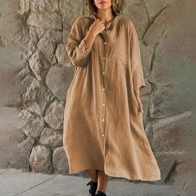 Women's Solid Color Loose Casual Long Sleeves Button Shirt Dress Khaki - Shop at LoveMi