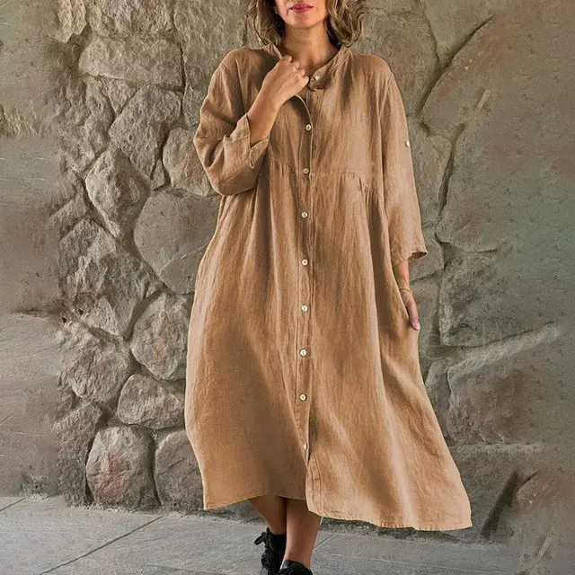 Women's Solid Color Loose Casual Long Sleeves Button Shirt Dress Khaki - Shop at LoveMi