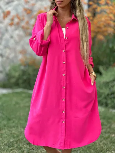 Women's Solid Color Loose Casual Long Sleeves Button Shirt Dress Rose Red - Shop at LoveMi