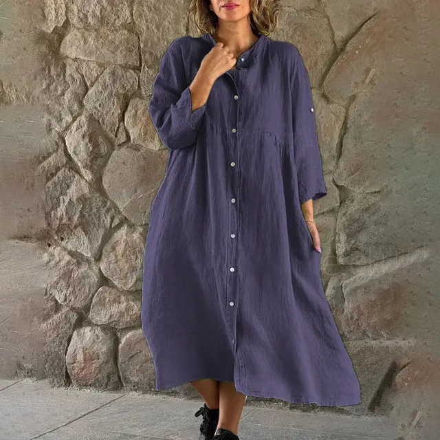 Women's Solid Color Loose Casual Long Sleeves Button Shirt Dress Violet Color - Shop at LoveMi