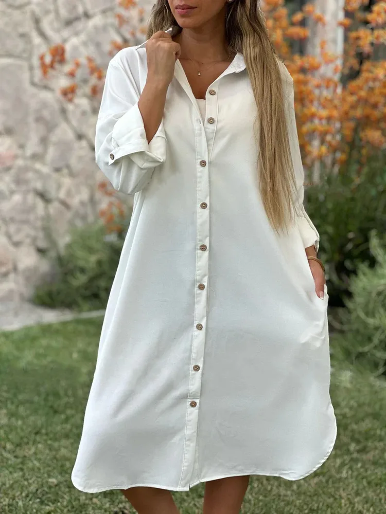 Women's Solid Color Loose Casual Long Sleeves Button Shirt Dress - White