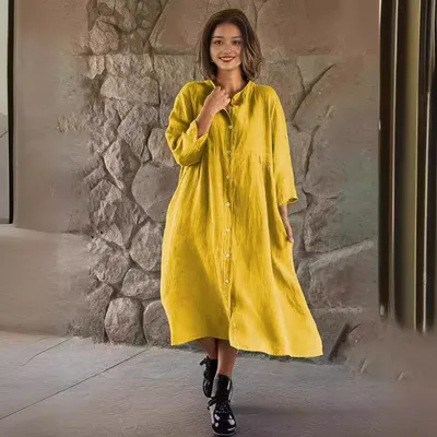 Women's Solid Color Loose Casual Long Sleeves Button Shirt Dress Yellow - Shop at LoveMi