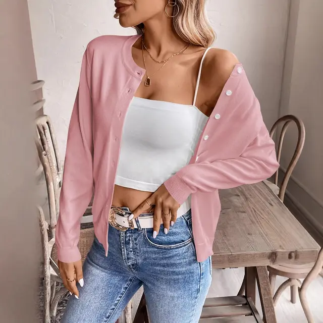 Women's Classic Slim Fit Slimming Long Sleeves Knitted Cardigan Outer Wear Pink - Shop at LoveMi