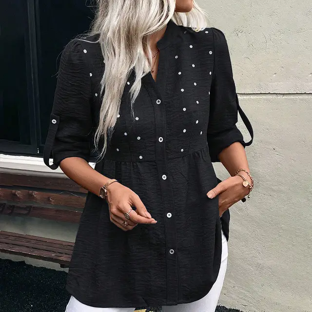 Women's Denim Printing Short Sleeve Embroidered Notched Collar Printed Casual Daily Summer Top Black - Shop at LoveMi