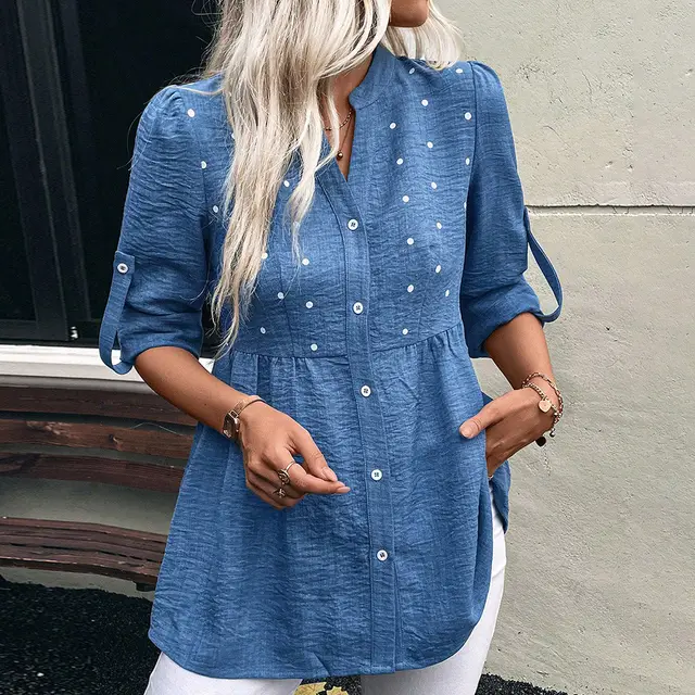 Women's Denim Printing Short Sleeve Embroidered Notched Collar Printed Casual Daily Summer Top Blue - Shop at LoveMi