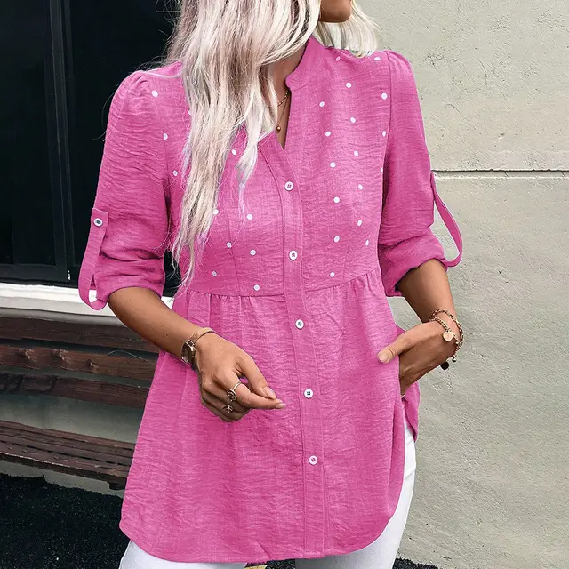 Women's Denim Printing Short Sleeve Embroidered Notched Collar Printed Casual Daily Summer Top Rose Red - Shop at LoveMi