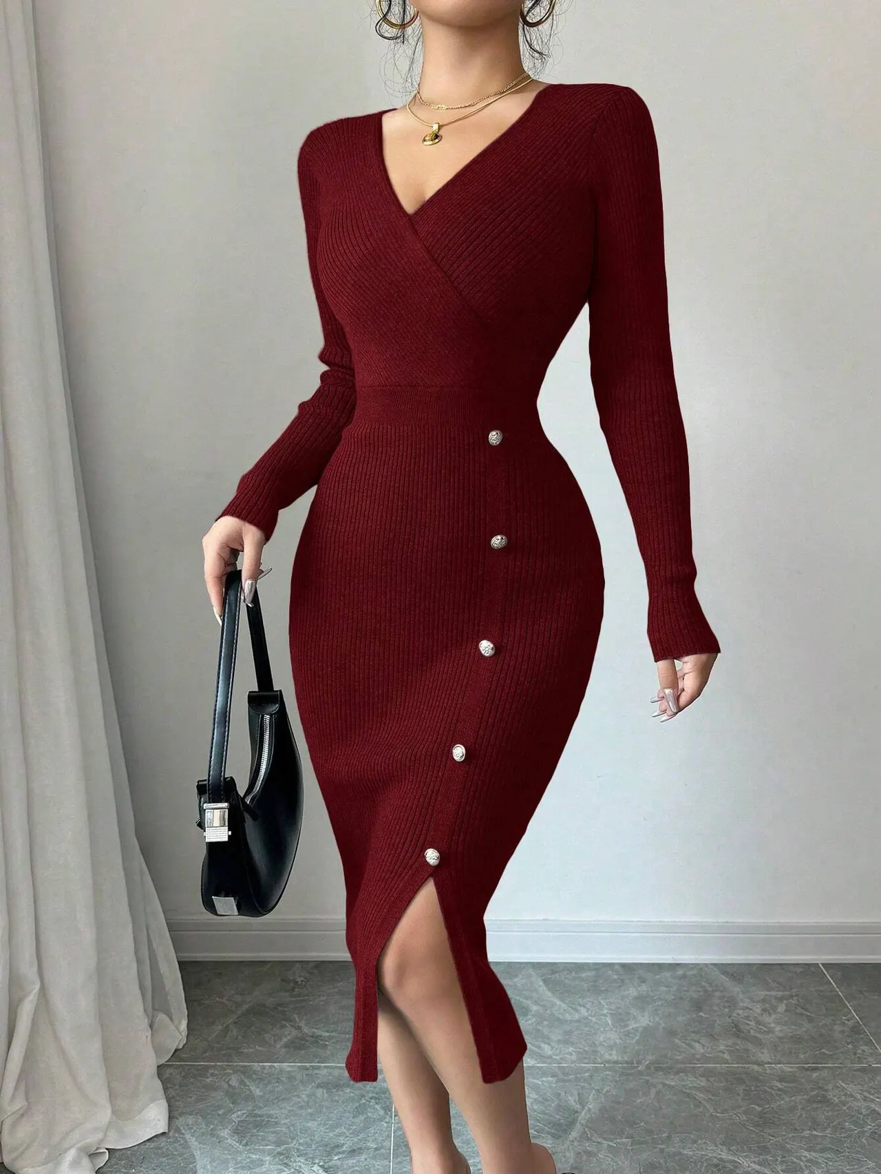 French Waist-tight Mid-length Sheath Inner Wear Base Skinny Knit Dress - Wine Red