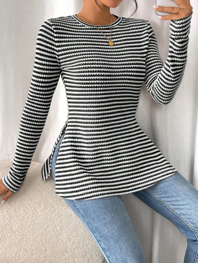 Striped Fashion Slim Fit Slimming All match Shirt Black - Shop at LoveMi
