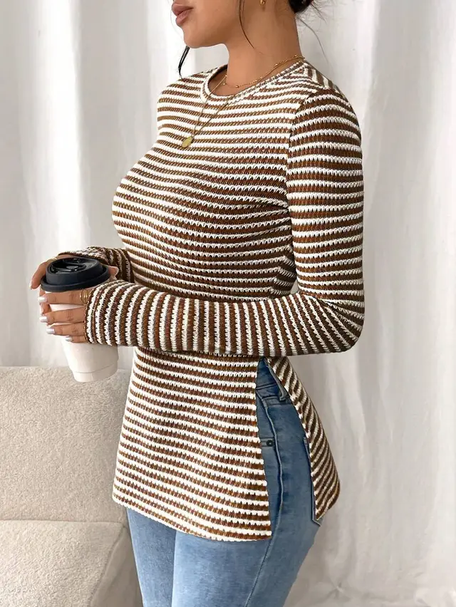 Striped Fashion Slim Fit Slimming All match Shirt Brown - Shop at LoveMi