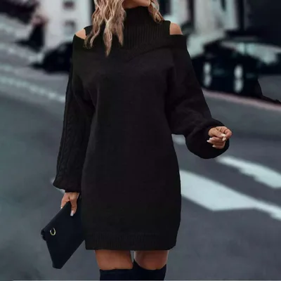 Loose Mid length Sweater Half Turtleneck Off the shoulder Long Sleeve Knitted Dress Black - Shop at LoveMi