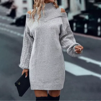 Loose Mid length Sweater Half Turtleneck Off the shoulder Long Sleeve Knitted Dress Gray Grey - Shop at LoveMi