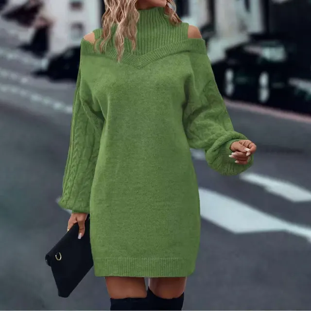 Loose Mid length Sweater Half Turtleneck Off the shoulder Long Sleeve Knitted Dress Green - Shop at LoveMi