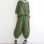 Women's Loose Fit Casual Cotton Linen Two-Piece Set - Green
