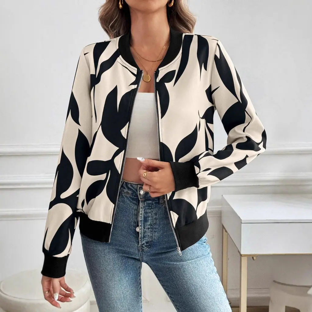 Printed Zipper Slimming Temperament Commute Casual Jacket - Apricot