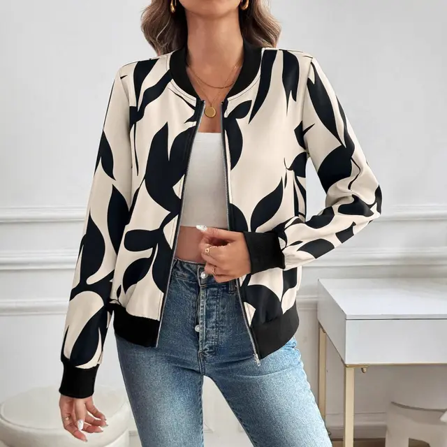 Printed Zipper Slimming Temperament Commute Casual Jacket Apricot - Shop at LoveMi
