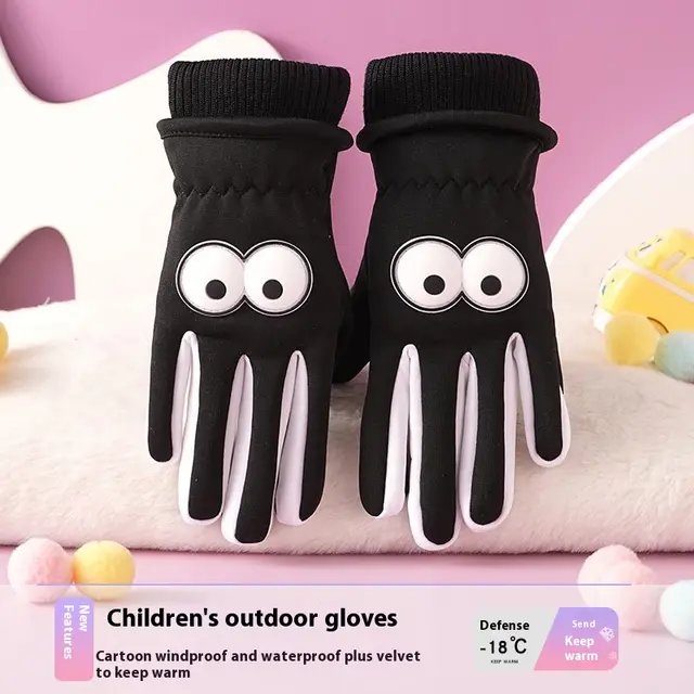 Children's Gloves Autumn And Winter Outdoor Cold proof Warm With Velvet Anti slip Cycling Cartoon Cute Windproof Black - Shop at LoveMi