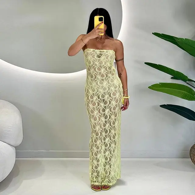 Sexy Lace See through Tube Top Dress Yellow - Shop at LoveMi