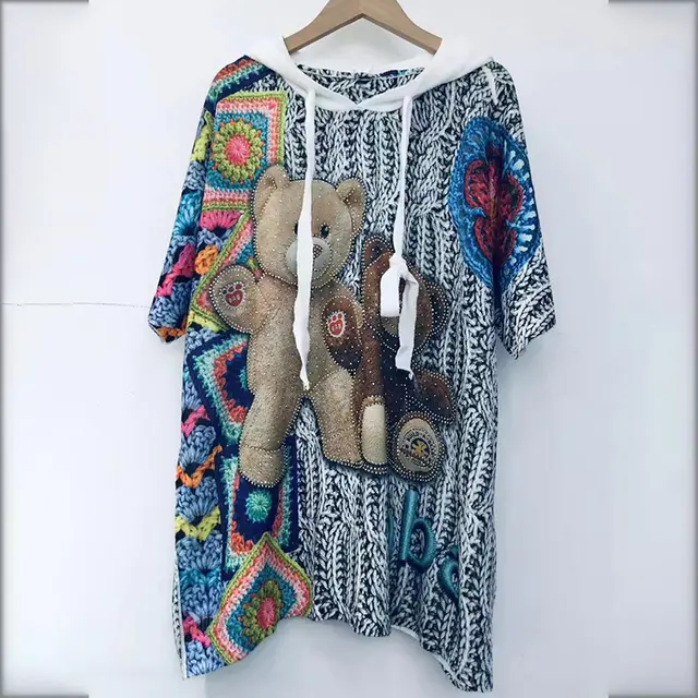 Diamond embedded Design Printed Women's Loose Sweater Top White Hooded - Shop at LoveMi