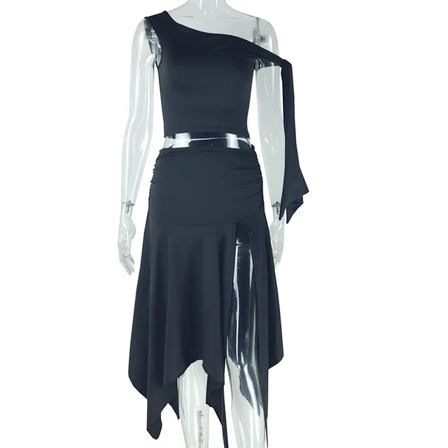 Women's Solid Color Skirt Suit Sexy Sleeveless Off shoulder Top Split Skirt Black - Shop at LoveMi
