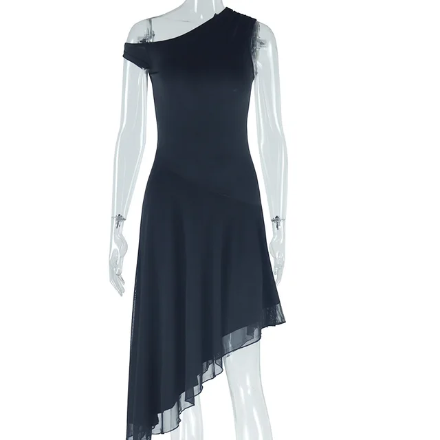 Fashion Solid Color Diagonal Collar Off Shoulder Sleeveless Irregular Dress Black - Shop at LoveMi