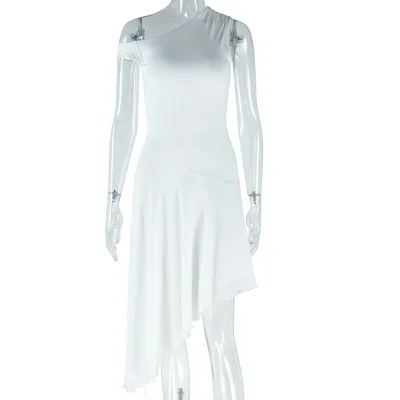 Fashion Solid Color Diagonal Collar Off Shoulder Sleeveless Irregular Dress White - Shop at LoveMi