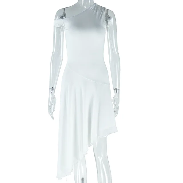 Fashion Solid Color Diagonal Collar Off Shoulder Sleeveless Irregular Dress White - Shop at LoveMi